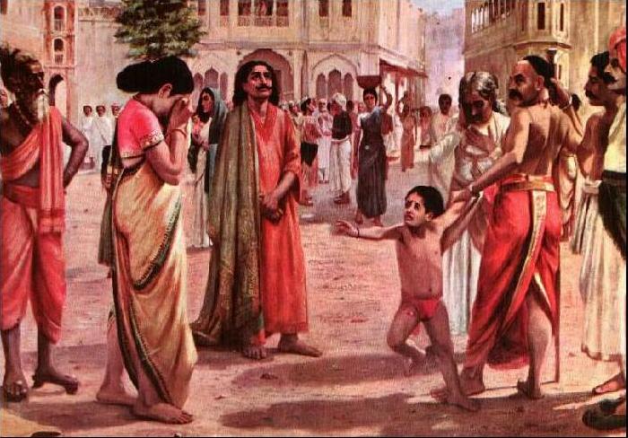 Raja Ravi Varma Harischandra in Distress, having lost his kingdom and all the wealth parting with his only son in an auction oil painting image